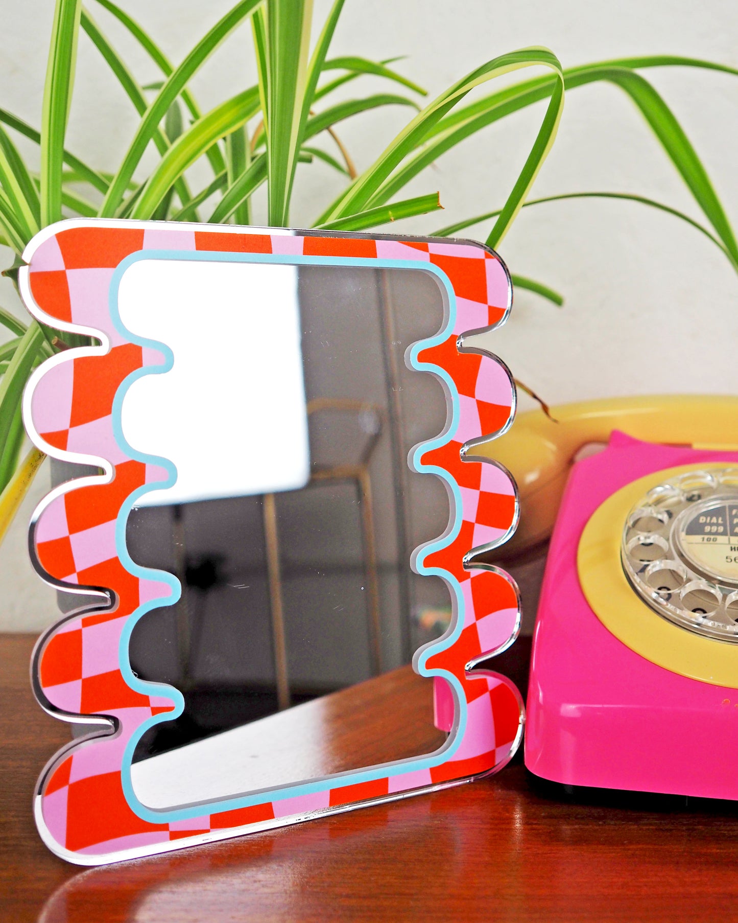 Red & Pink Checkerboard Wiggle Blob Mirror