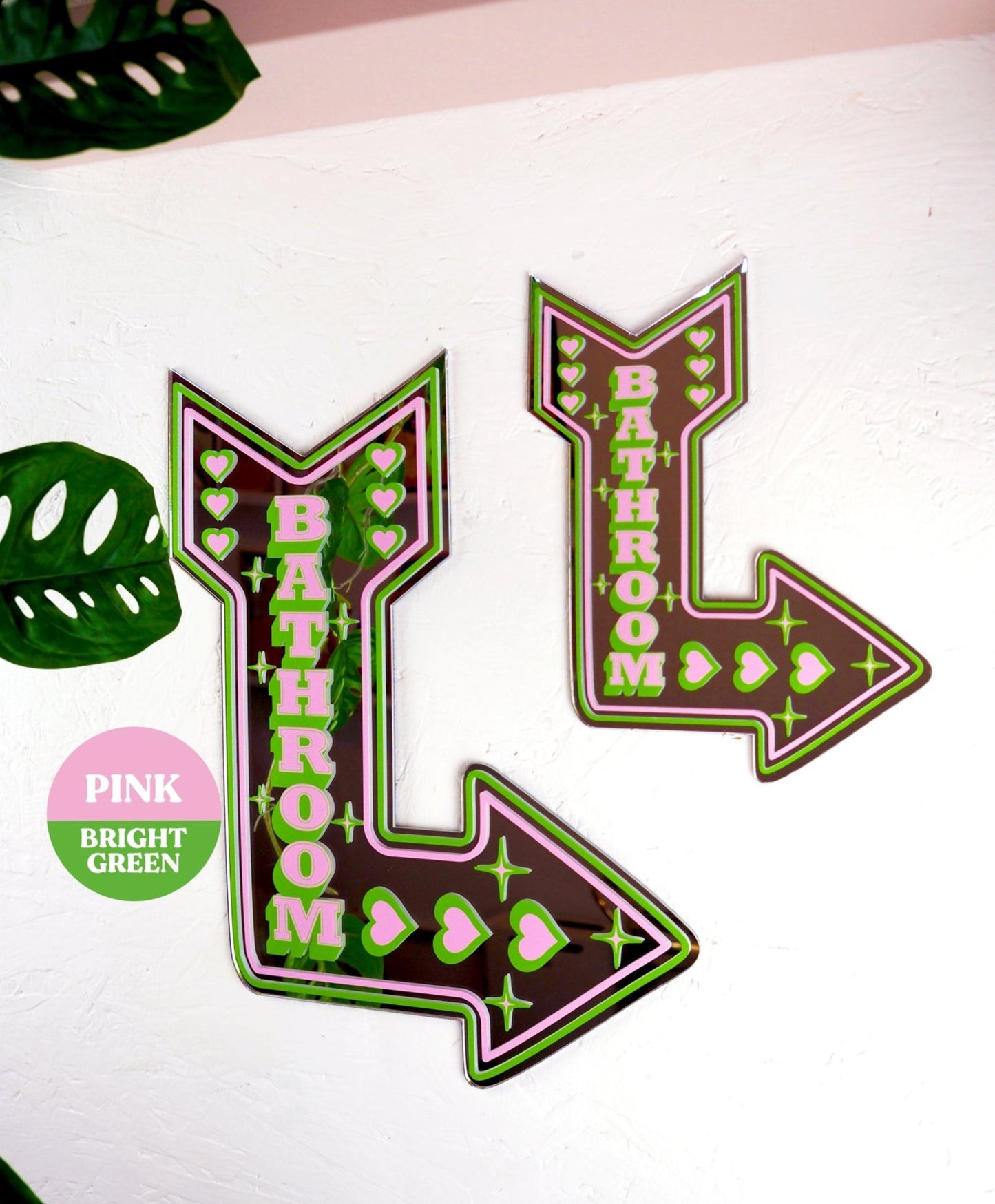 Retro Bathroom Arrow Mirror - Bright Green & Pink